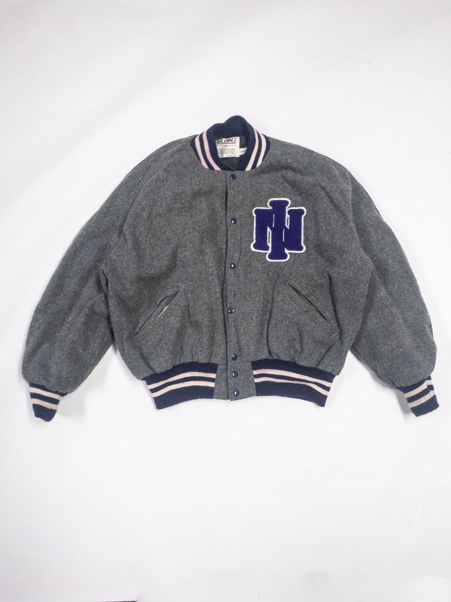 1990s "IN" Chenille Patch DeLong Grey Varsity Jacket | XXL